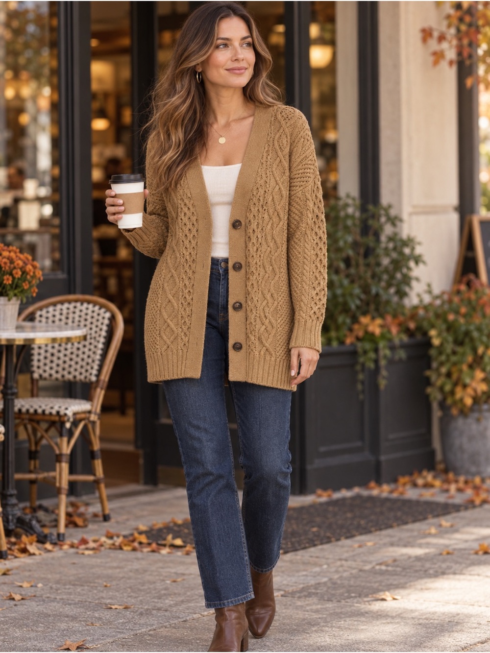 J. Crew Camel Cable-Knit Button Cardigan